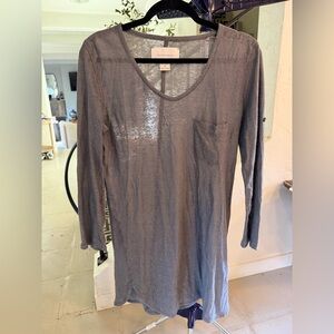 Brochu Walker Linen Silk Sheer Tunic Top Gray Roll Tab Sleeve Pocket Petite P